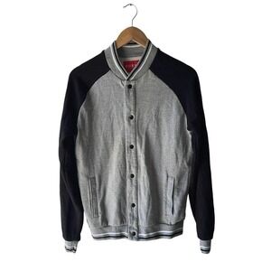 GUESS Men s Size S Gray and Black Snap Front Letterman Style Sweater Sweatshirt